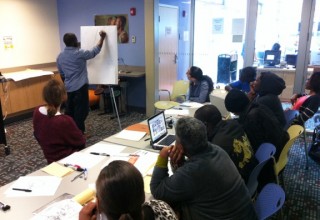 The Mattapan Food & Fitness Coalition's Vigorous Youth group help us sketch ideas for a mobile farm stand